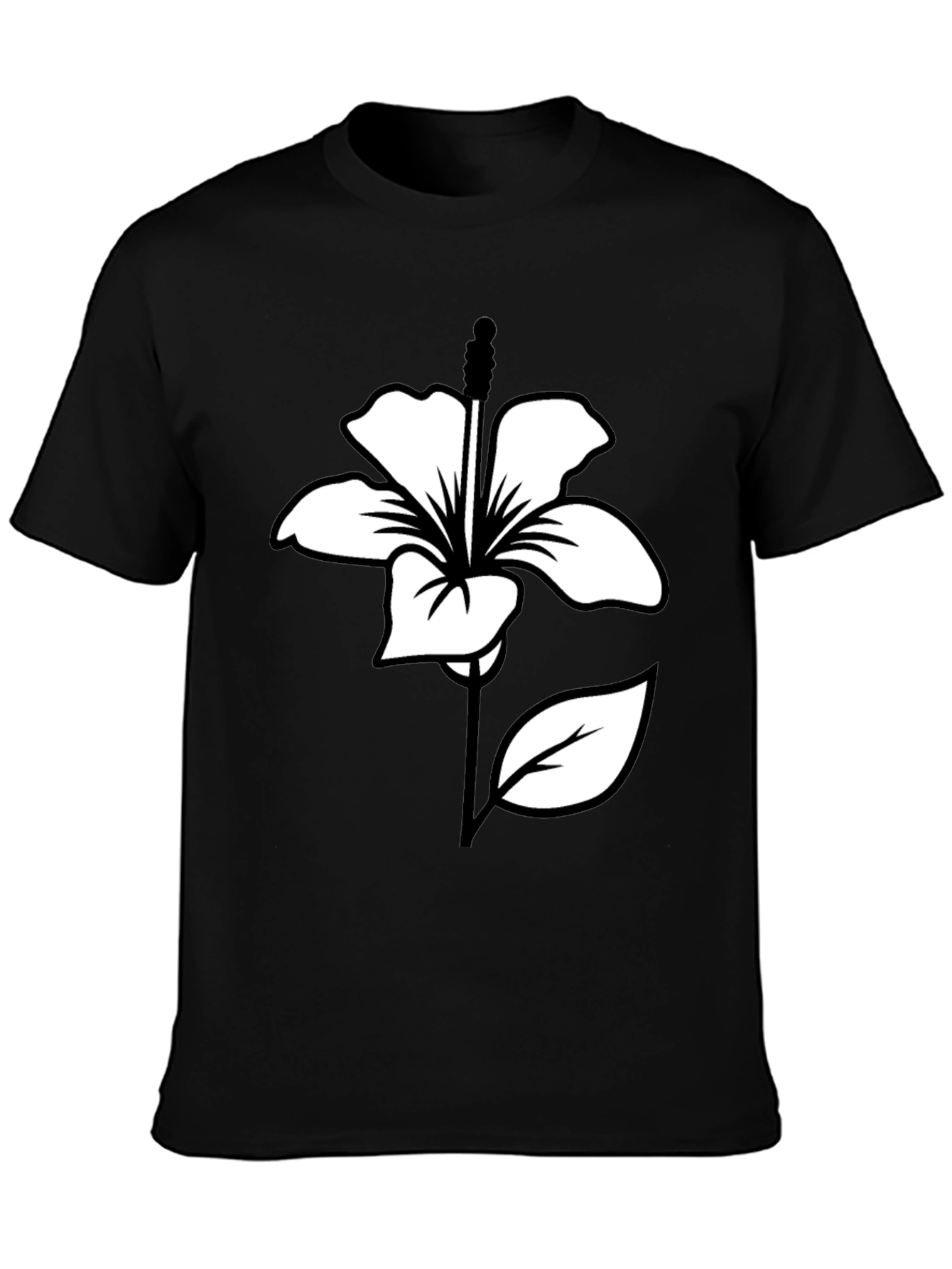 Black T-Shirt with White Hibiscus Flower Graphic