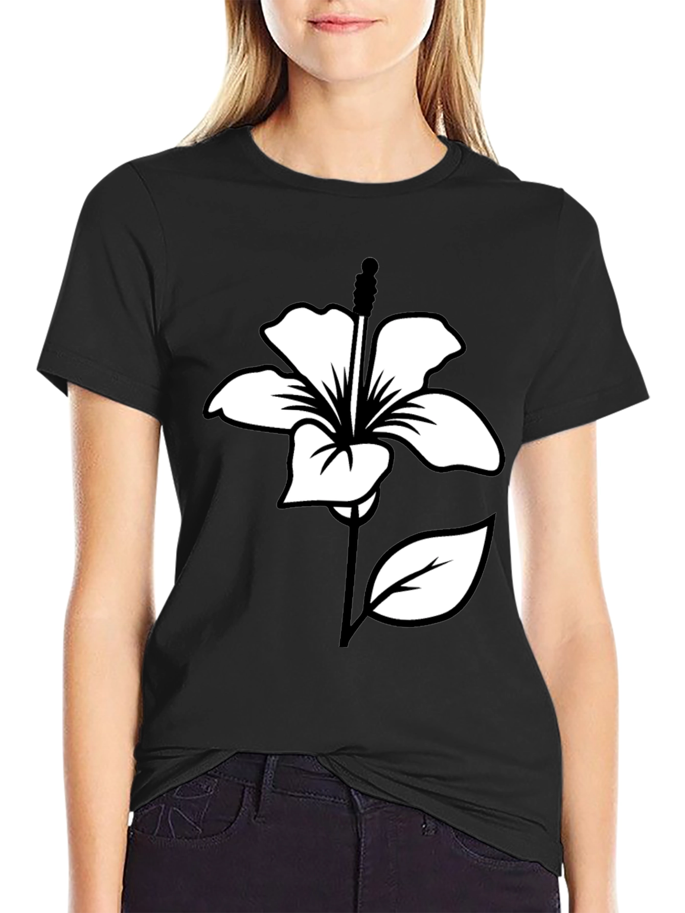 Black T-Shirt with White Hibiscus Flower Graphic