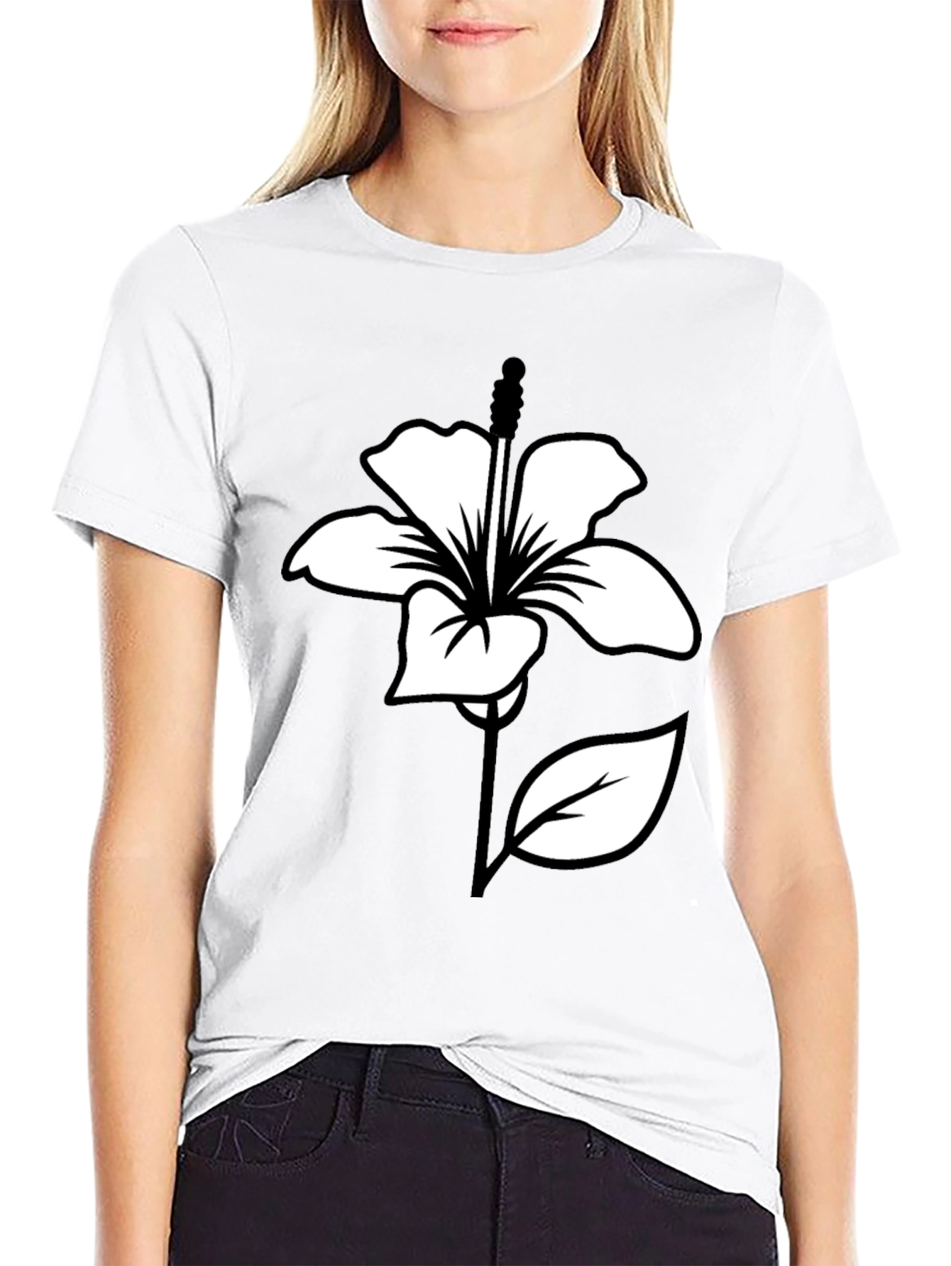 Black T-Shirt with White Hibiscus Flower Graphic