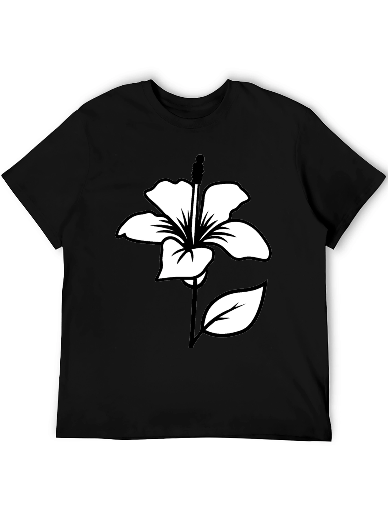 Black T-Shirt with White Hibiscus Flower Graphic
