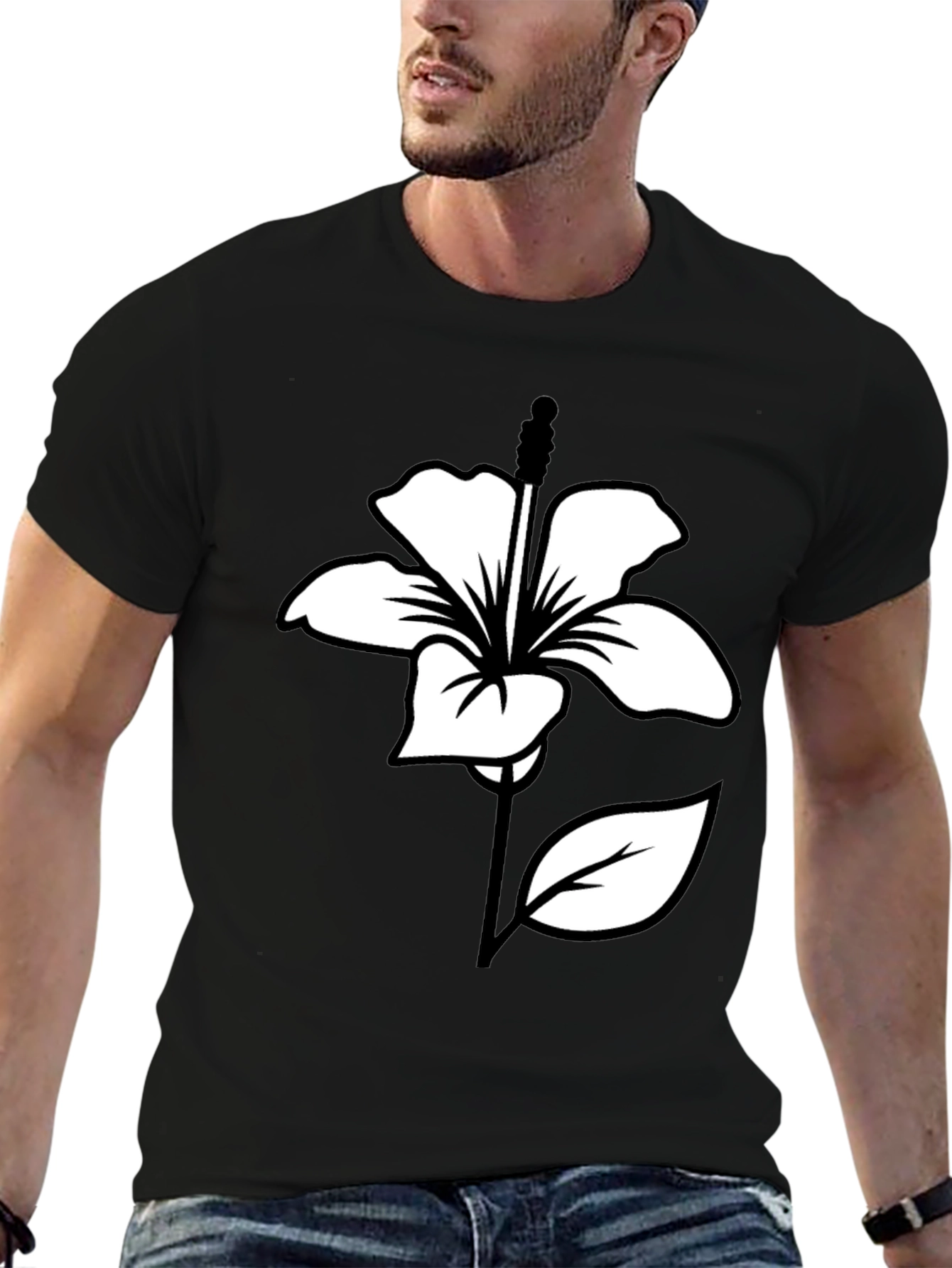 Black T-Shirt with White Hibiscus Flower Graphic