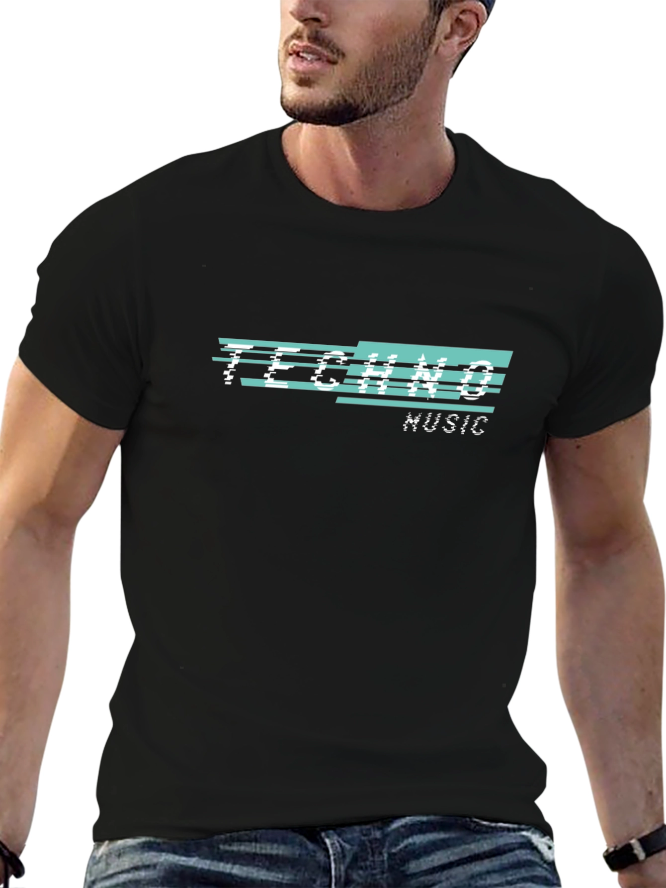 Techno Music Glitch Design Black T-Shirt