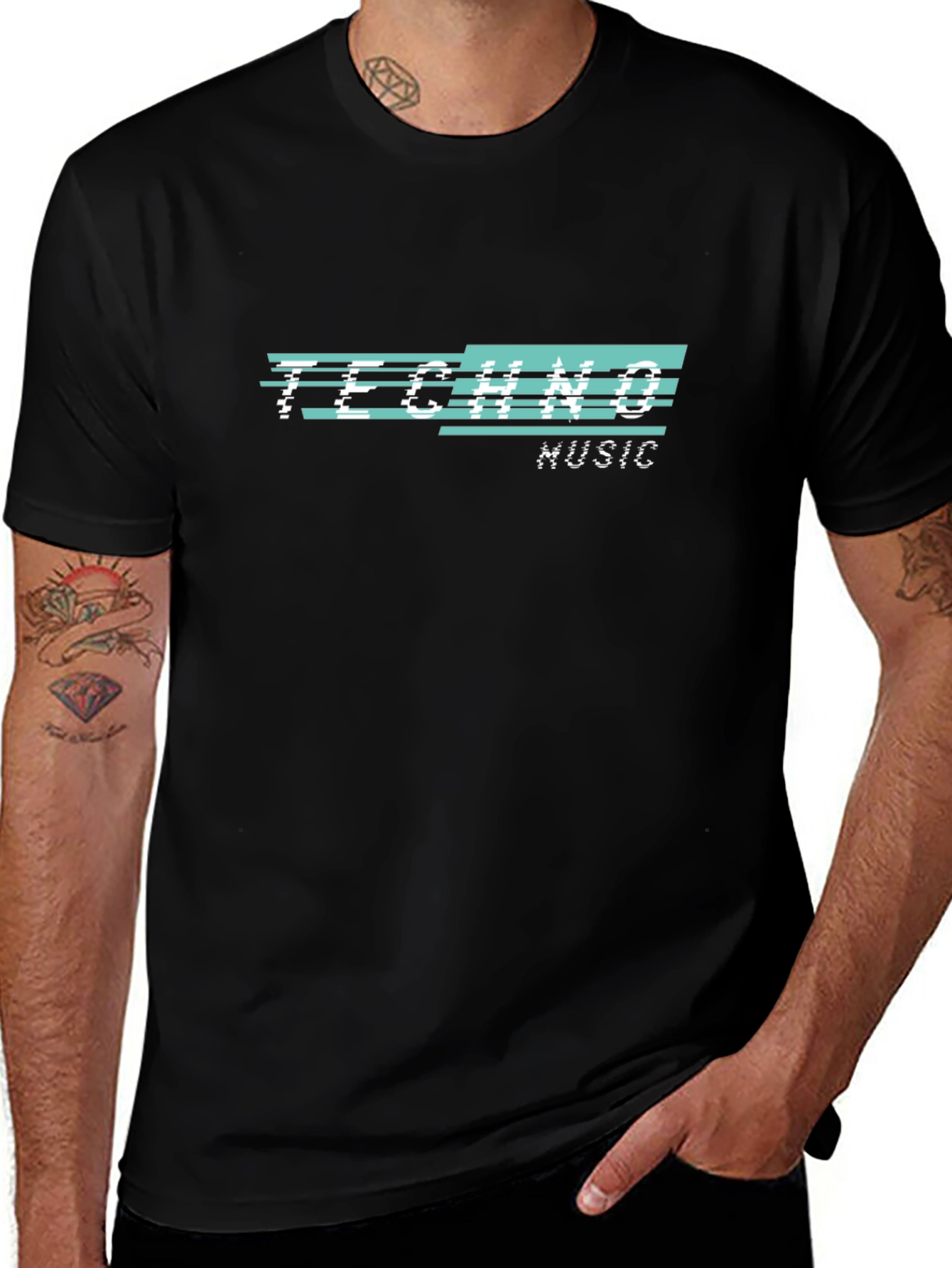Techno Music Glitch Design Black T-Shirt