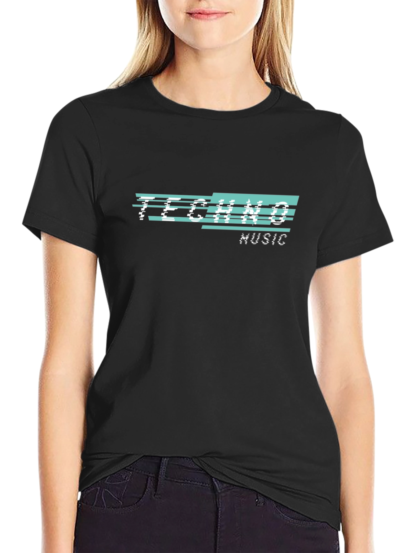 Techno Music Glitch Design Black T-Shirt