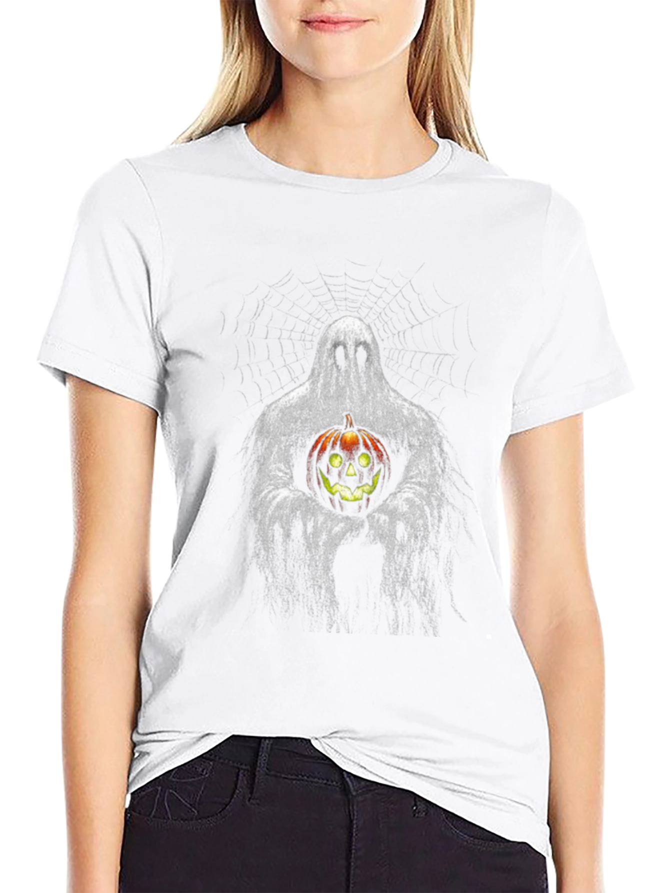 Ghost Holding Pumpkin Halloween Black T-Shirt