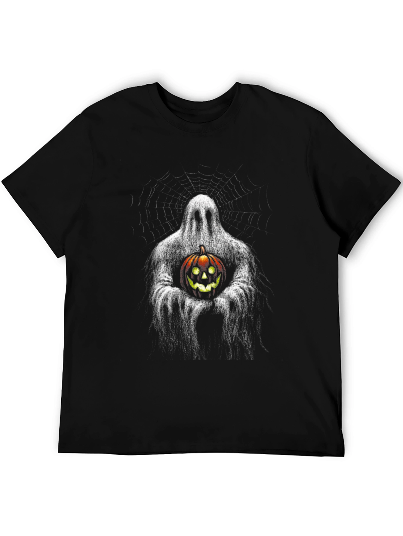 Ghost Holding Pumpkin Halloween Black T-Shirt