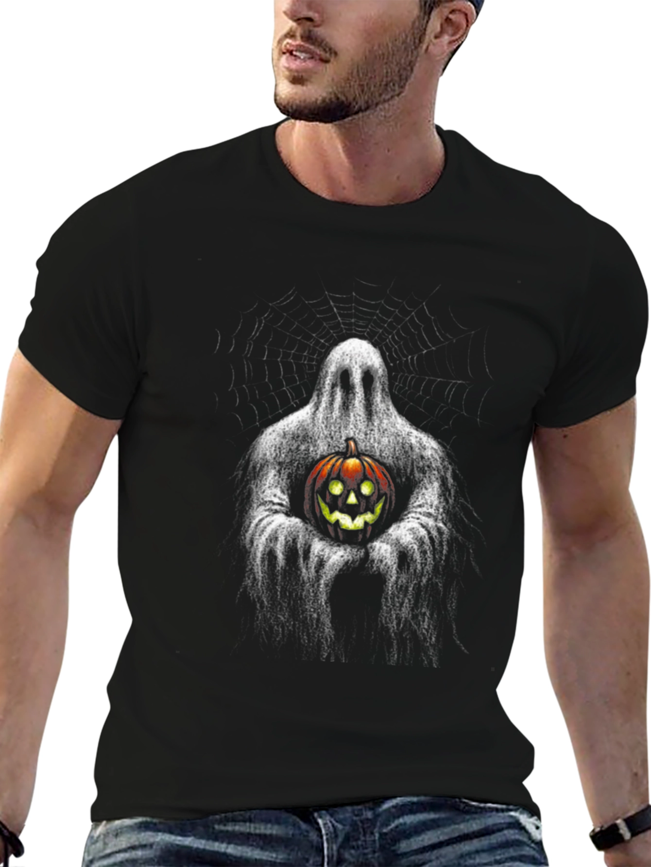 Ghost Holding Pumpkin Halloween Black T-Shirt