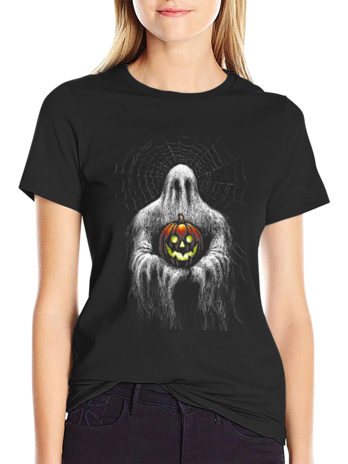 Ghost Holding Pumpkin Halloween Black T-Shirt