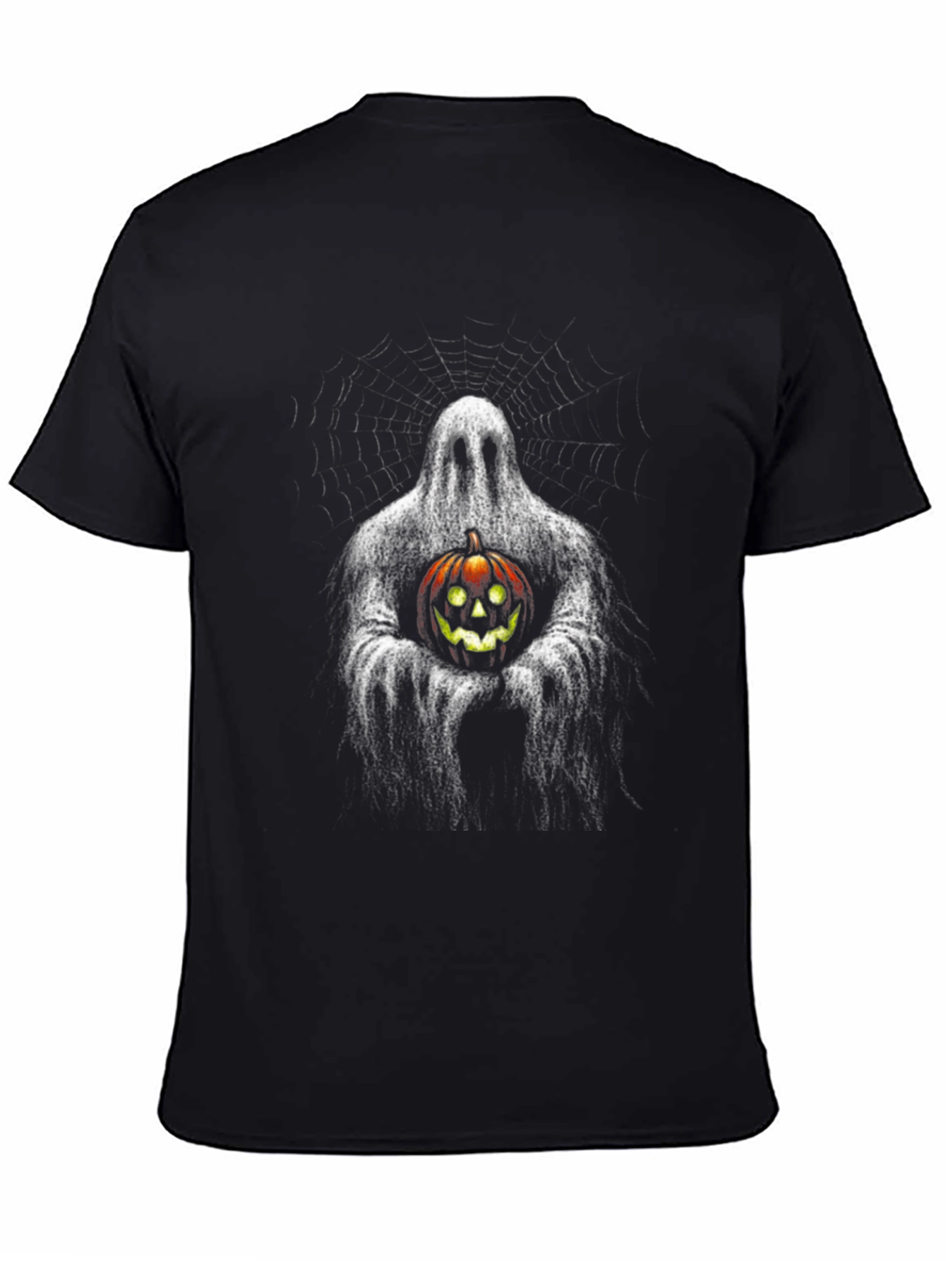 Ghost Holding Pumpkin Halloween Black T-Shirt