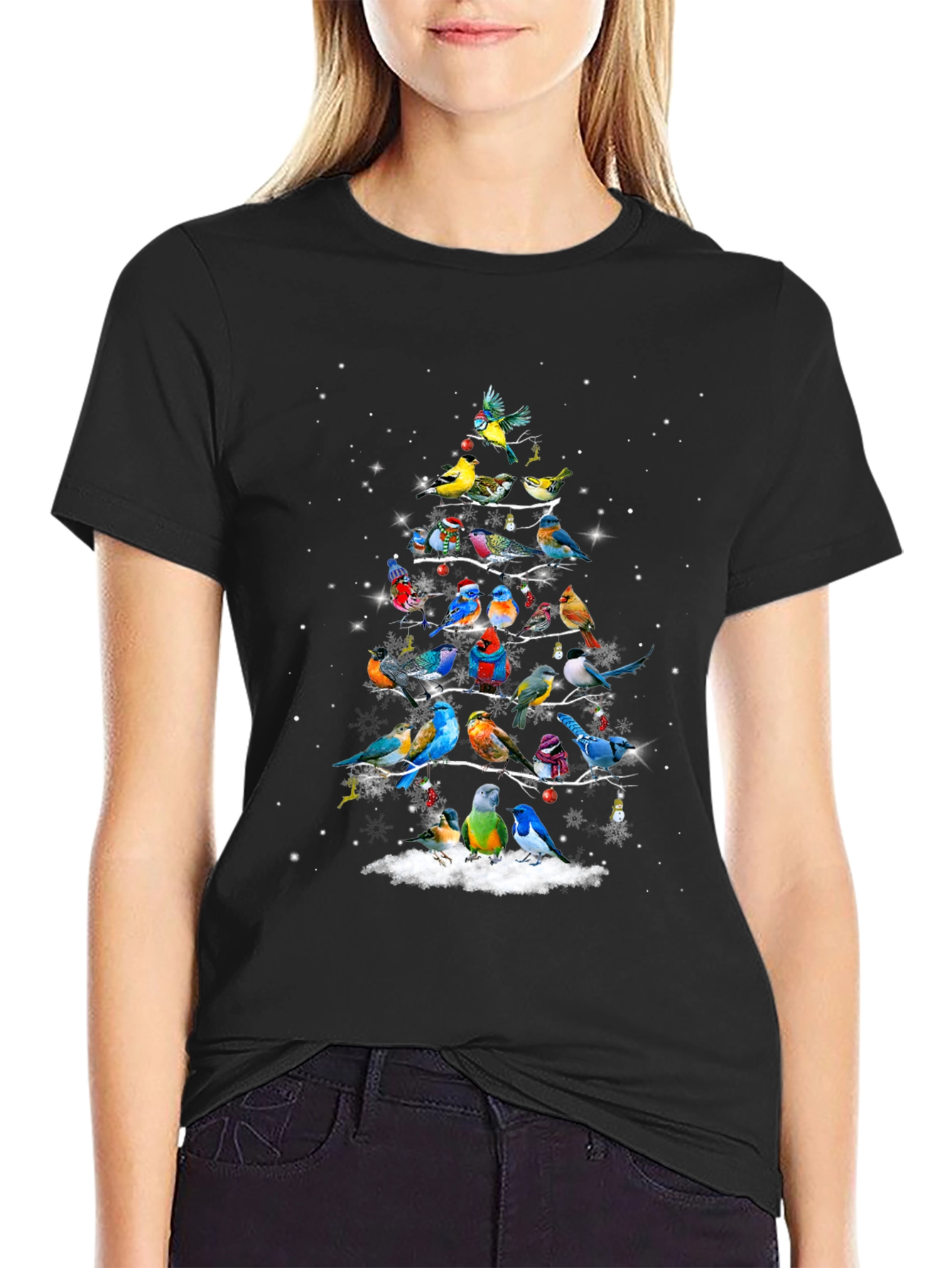 Birds Christmas Tree Graphic T-Shirt