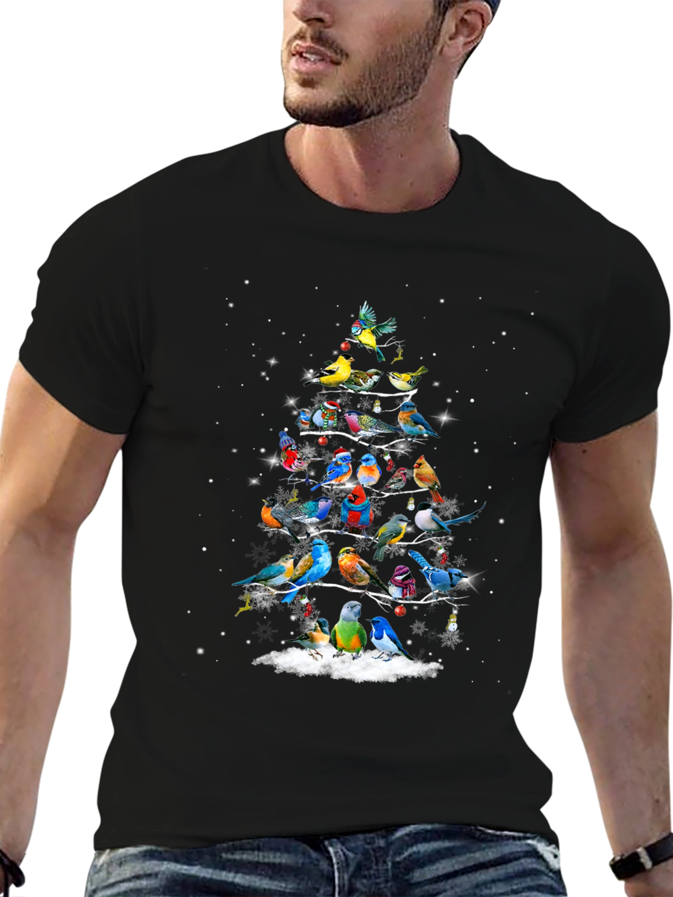 Birds Christmas Tree Graphic T-Shirt