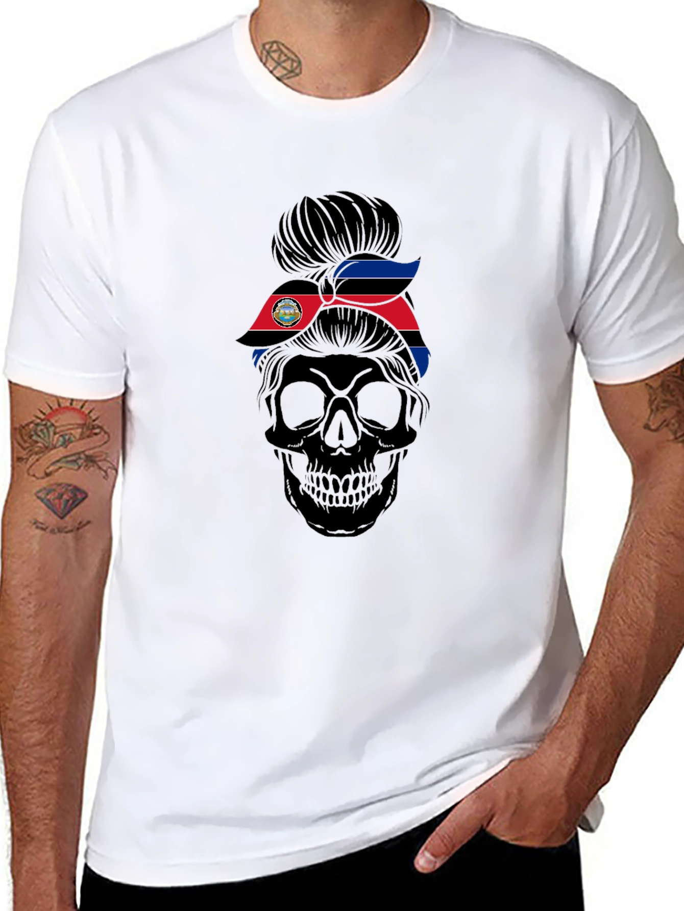 Skull Messy Bun Costa Rica Flag T-Shirt
