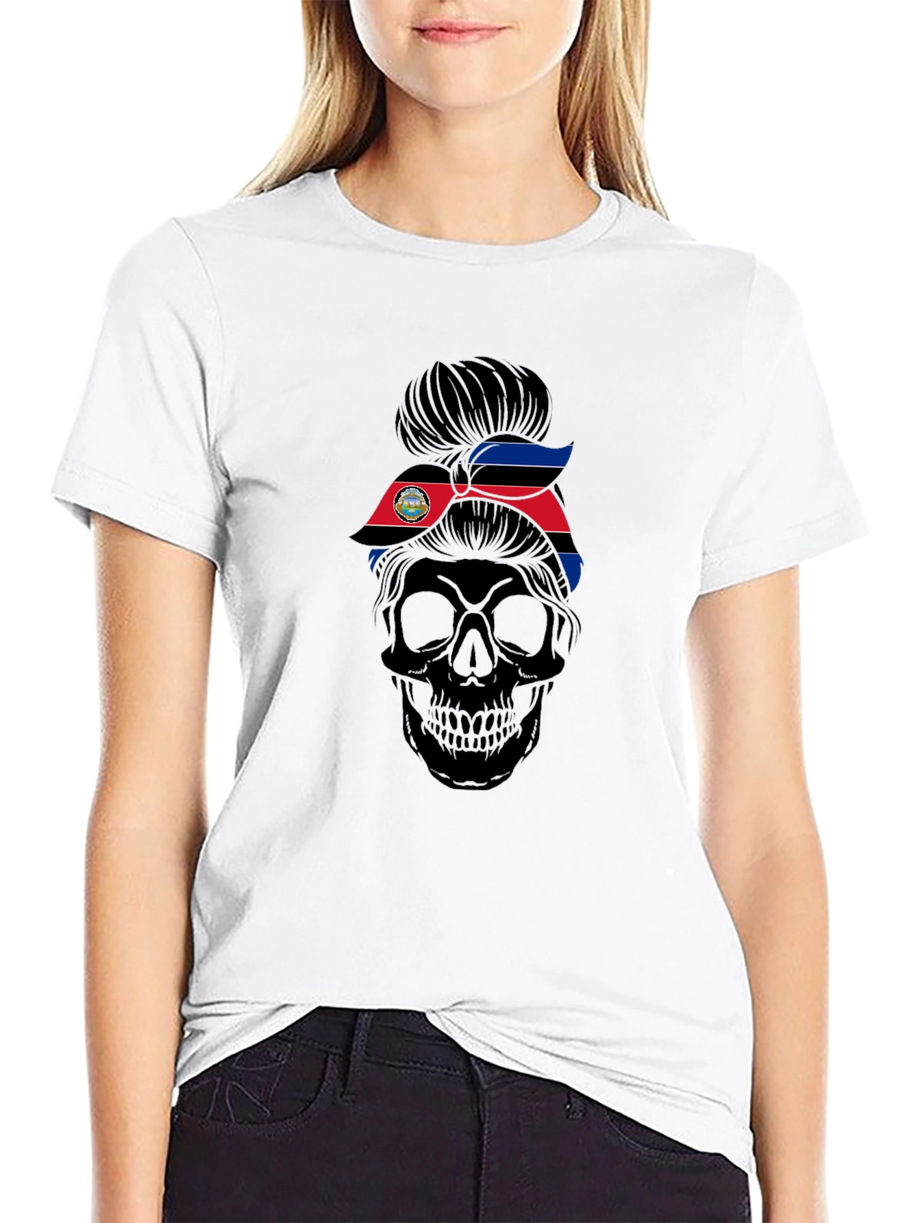 Skull Messy Bun Costa Rica Flag T-Shirt