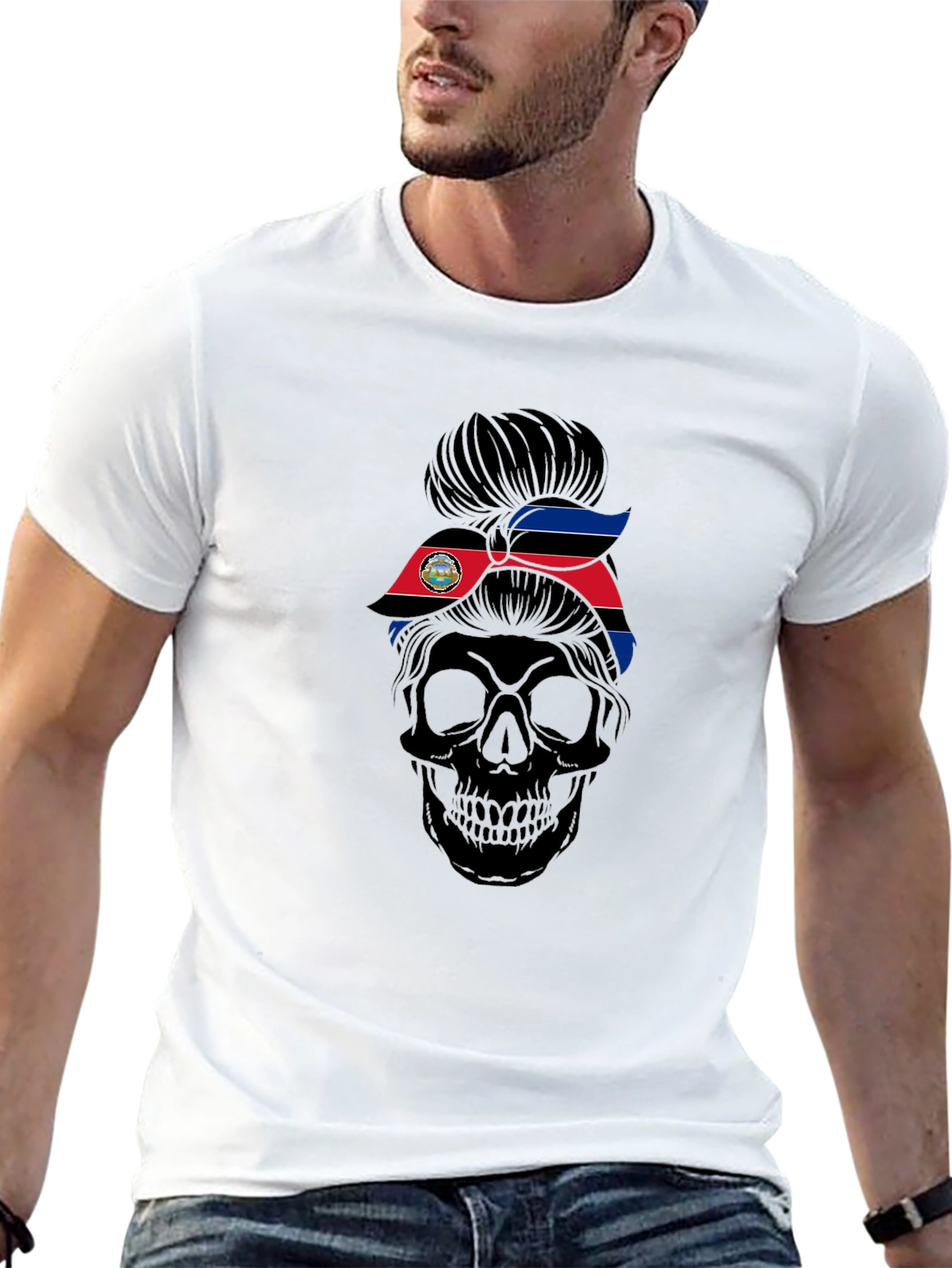 Skull Messy Bun Costa Rica Flag T-Shirt