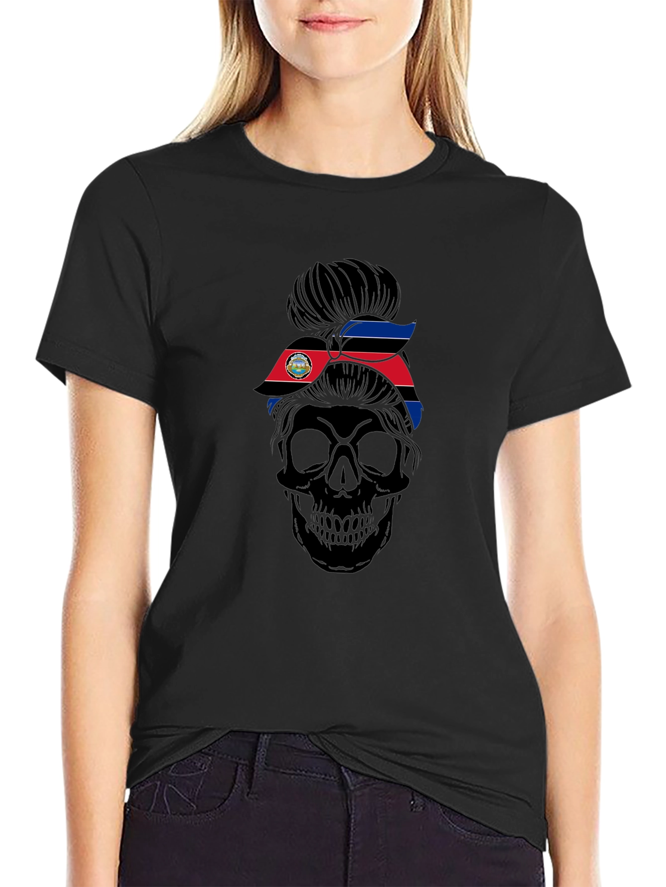 Skull Messy Bun Costa Rica Flag T-Shirt