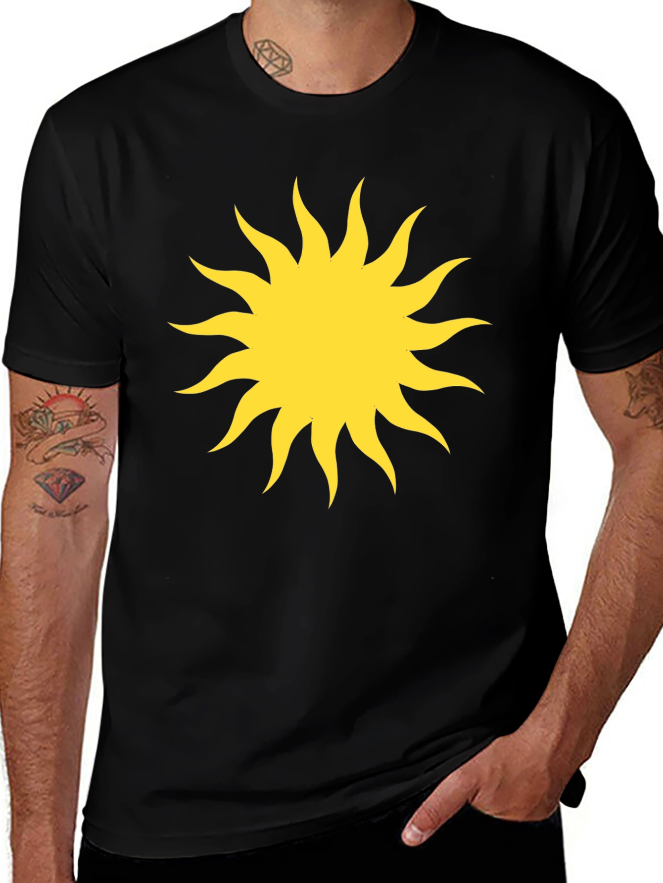 Black T-Shirt with Yellow Sun Graphic