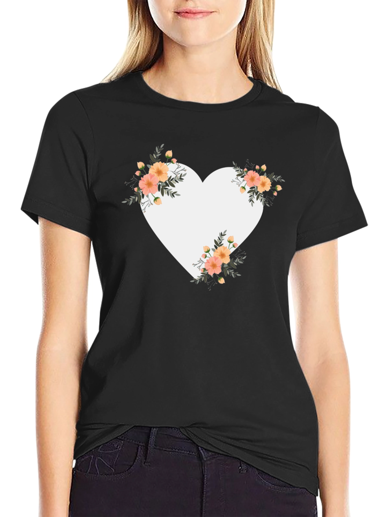 Floral Heart Graphic Black Tee