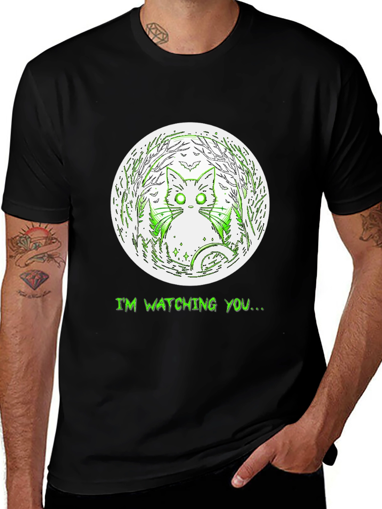 Watching Cat Graphic Tee - Mens Black T-Shirt