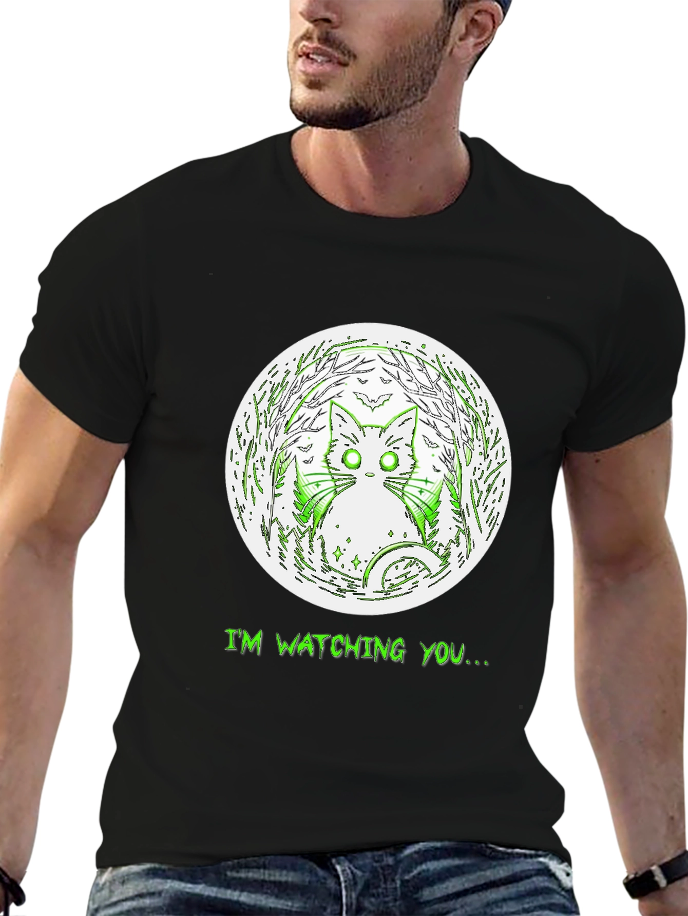 Watching Cat Graphic Tee - Mens Black T-Shirt