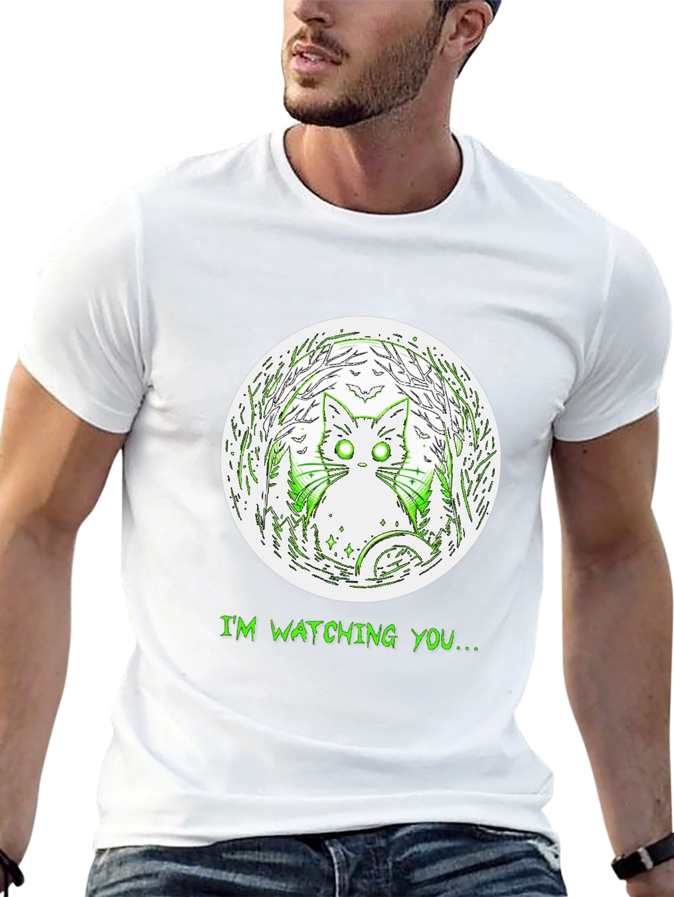 Watching Cat Graphic Tee - Mens Black T-Shirt