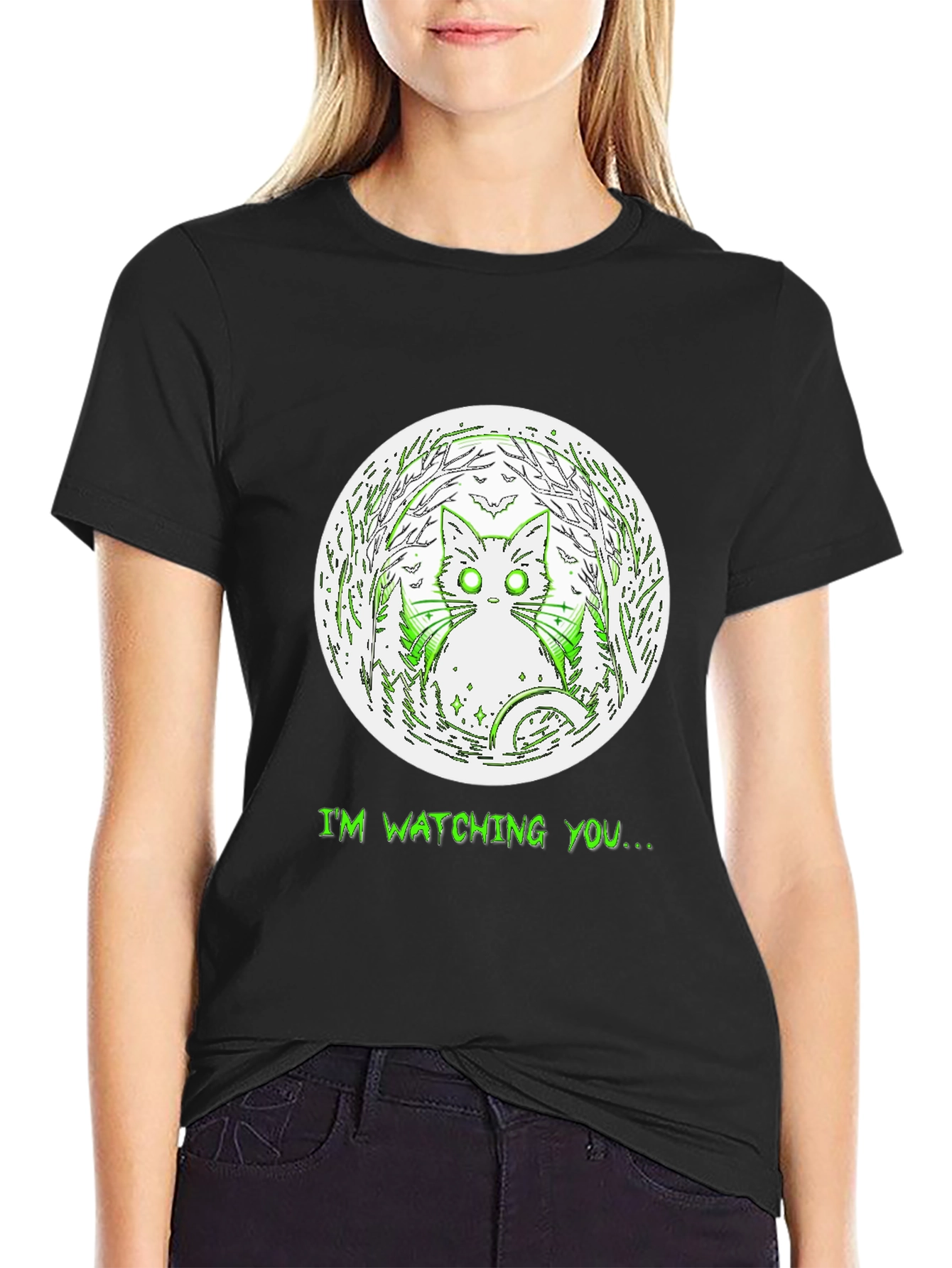 Watching Cat Graphic Tee - Mens Black T-Shirt