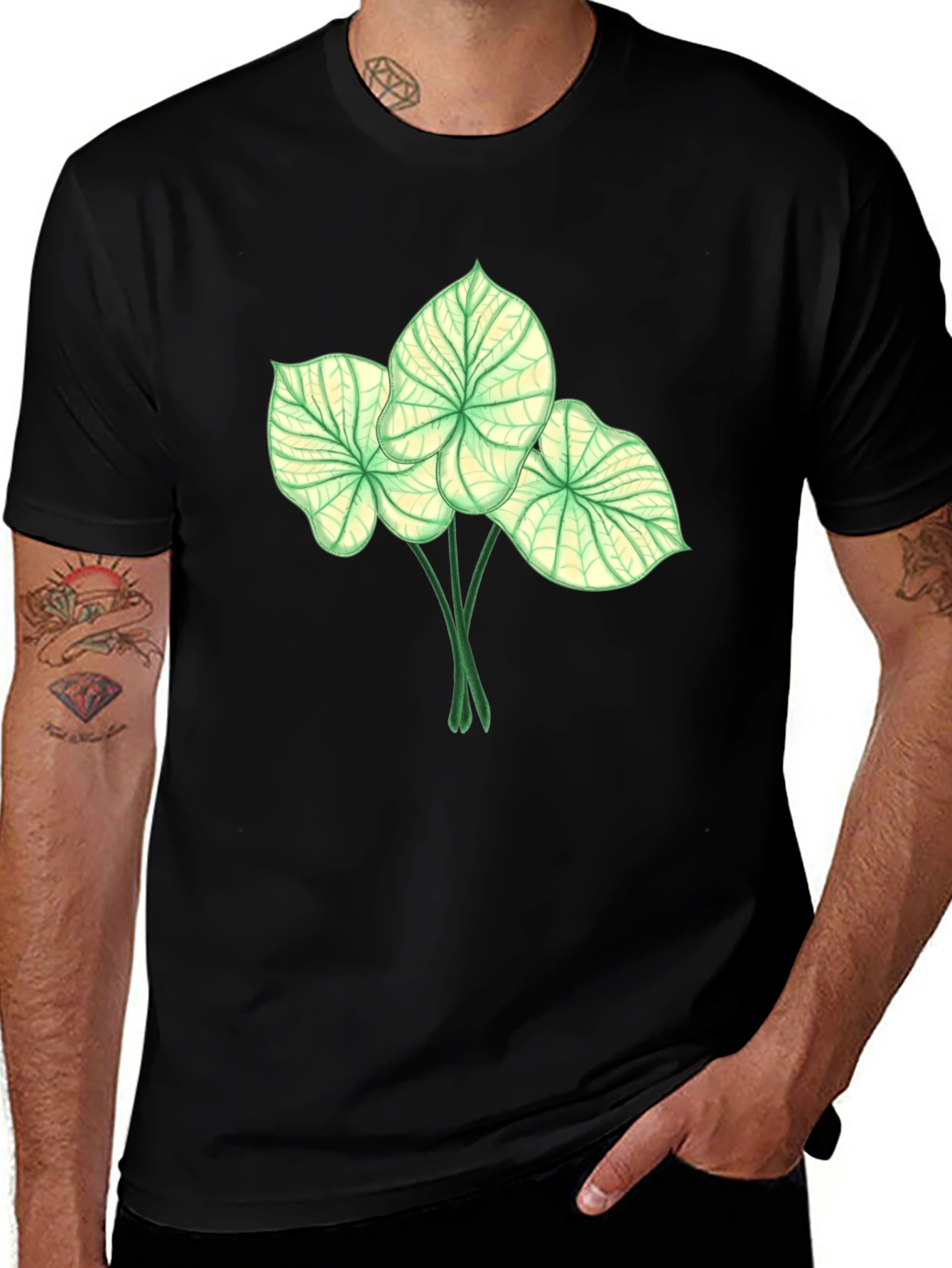 Botanical Leaf Print Black T-Shirt