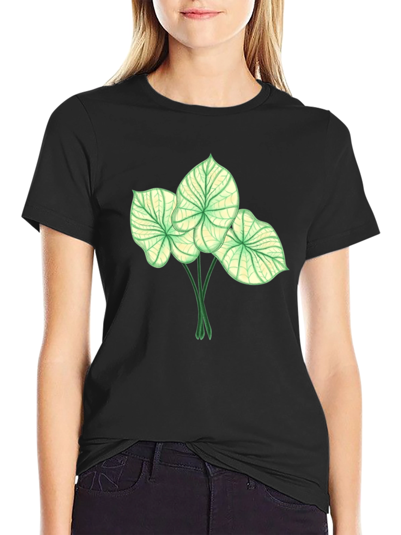 Botanical Leaf Print Black T-Shirt