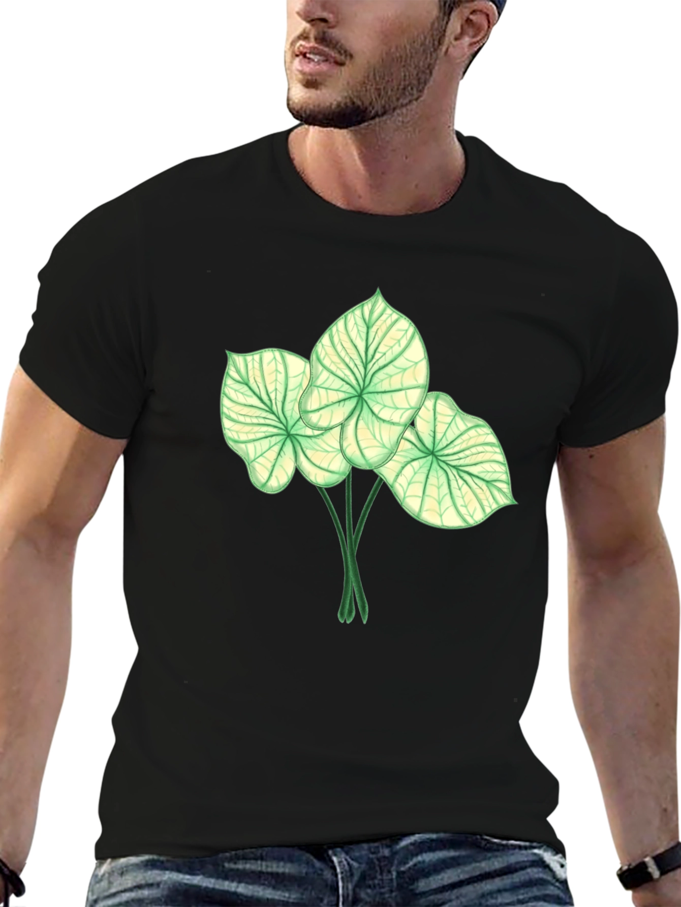 Botanical Leaf Print Black T-Shirt