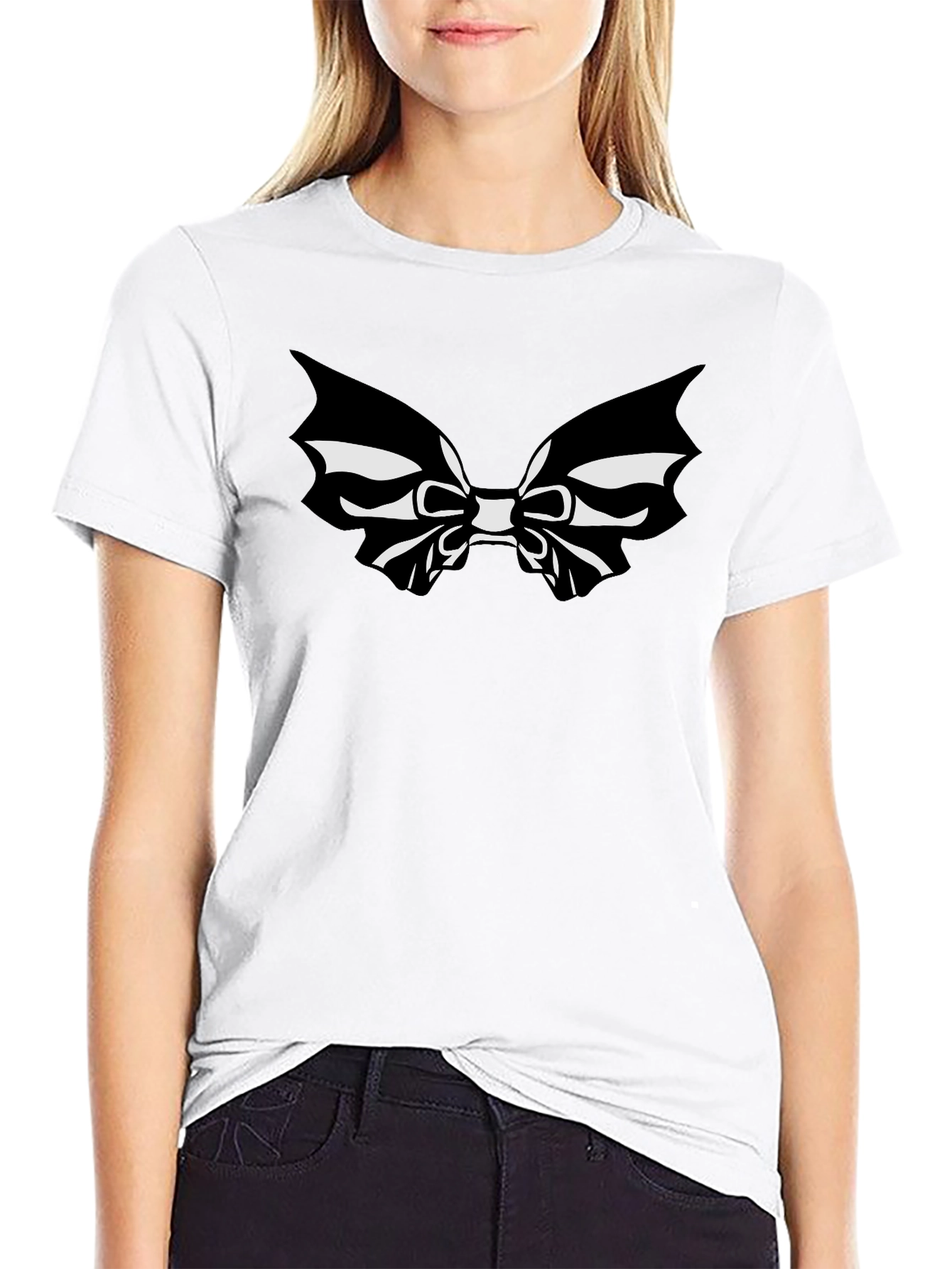 Black T-Shirt with Bat Bowtie Graphic