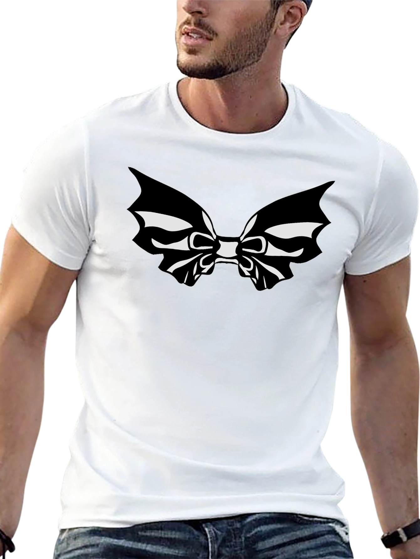 Black T-Shirt with Bat Bowtie Graphic