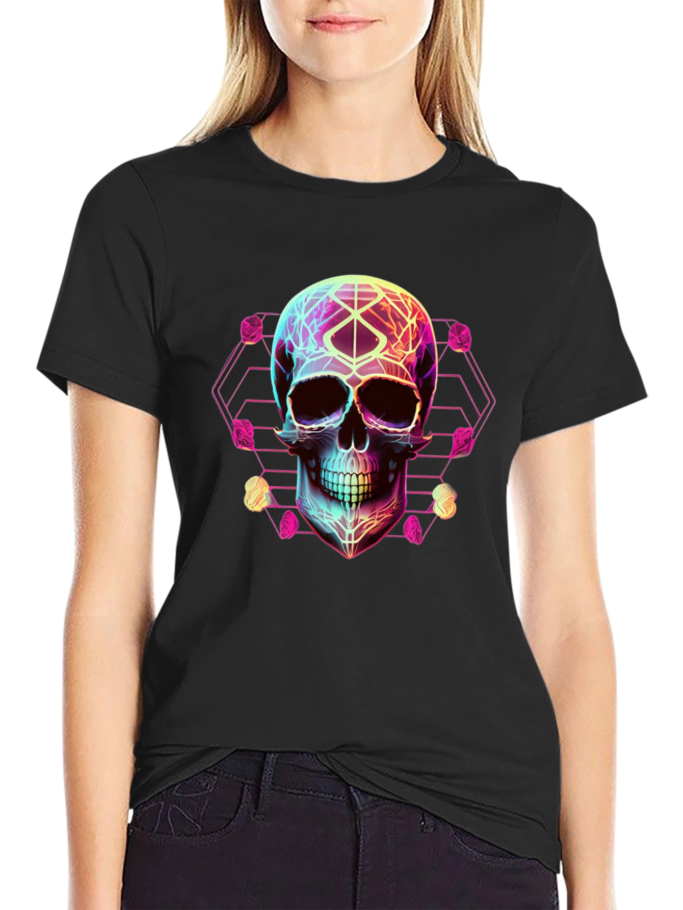 Neon Geometric Skull Graphic Tee