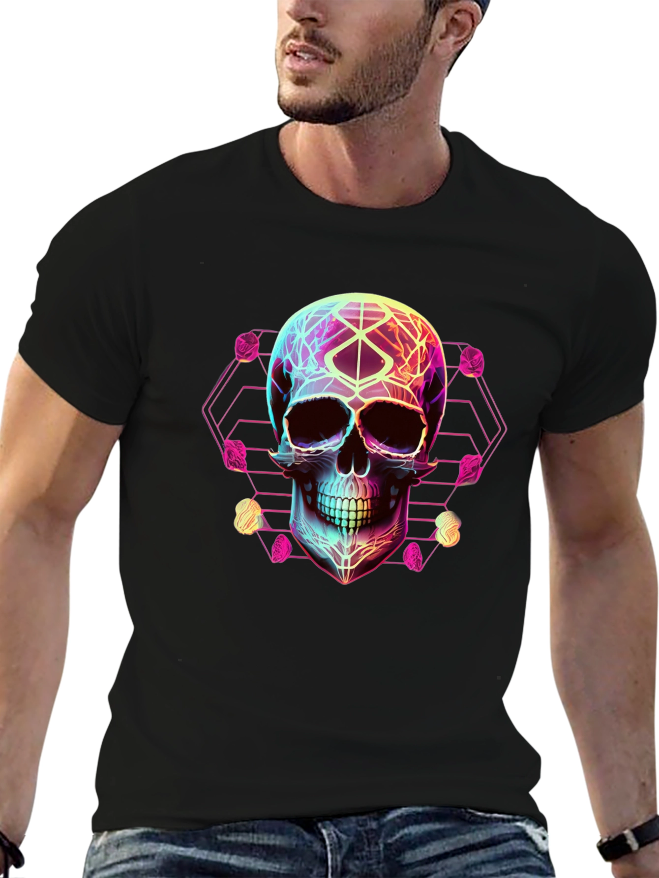 Neon Geometric Skull Graphic Tee