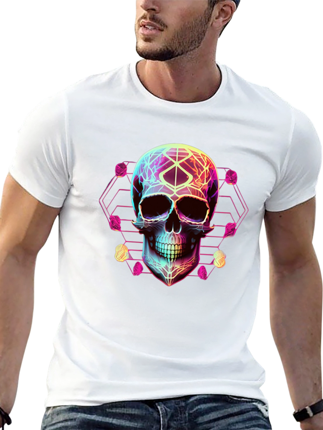 Neon Geometric Skull Graphic Tee