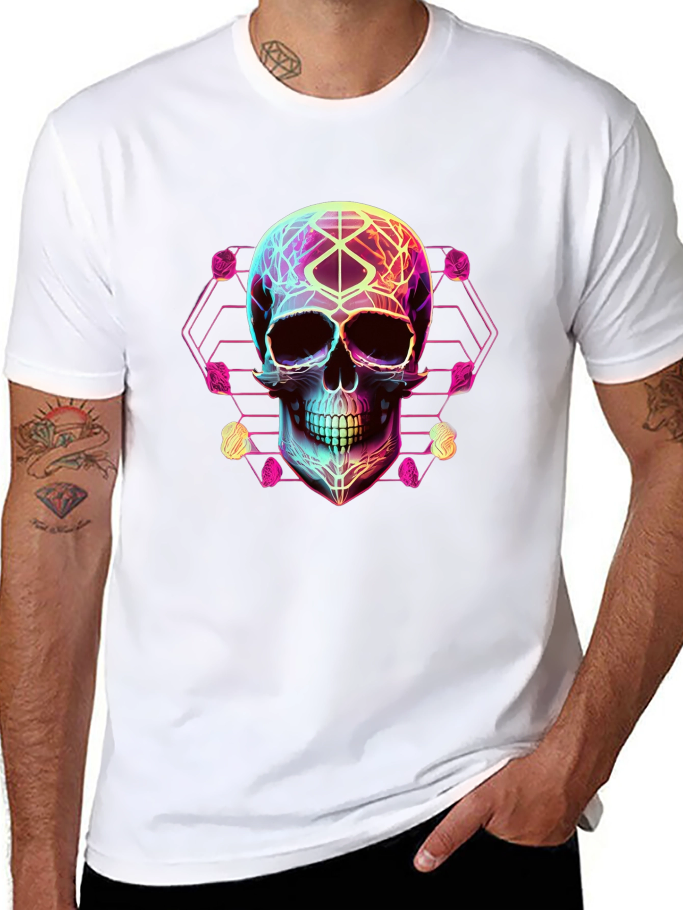 Neon Geometric Skull Graphic Tee
